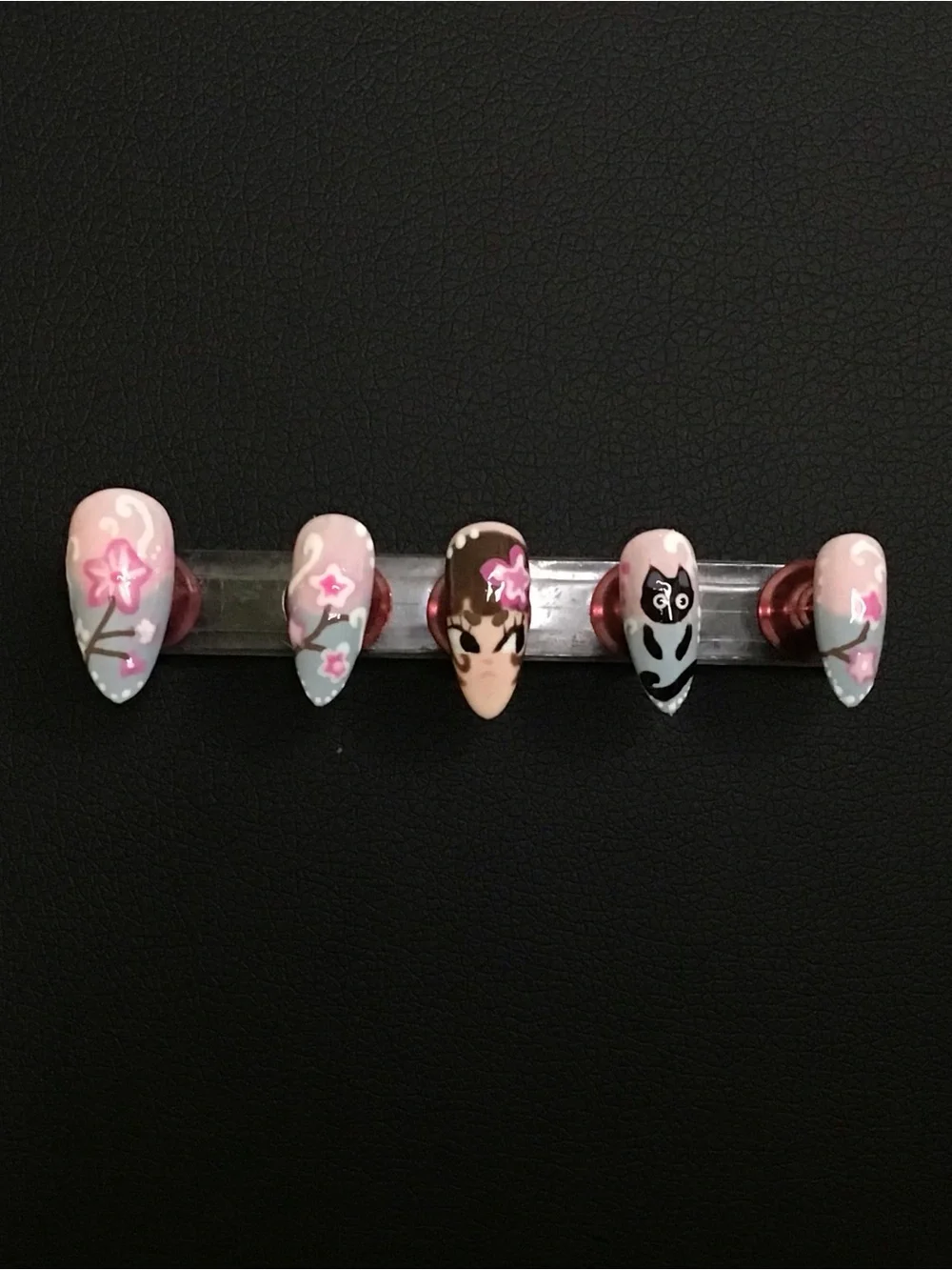 Hand-Painted Pink Floral & Character Press-On Nails